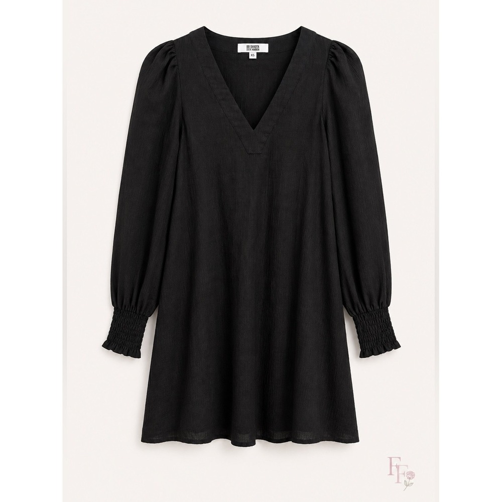BB Dakota by Steve Madden Black Textured Mini Dress XS Puff Sleeve V-Neck